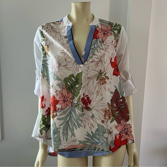 TEMPO Paris Women’s Hi Low Floral V Neck Pull Over Blouse mixed patterns M - Picture 7 of 13